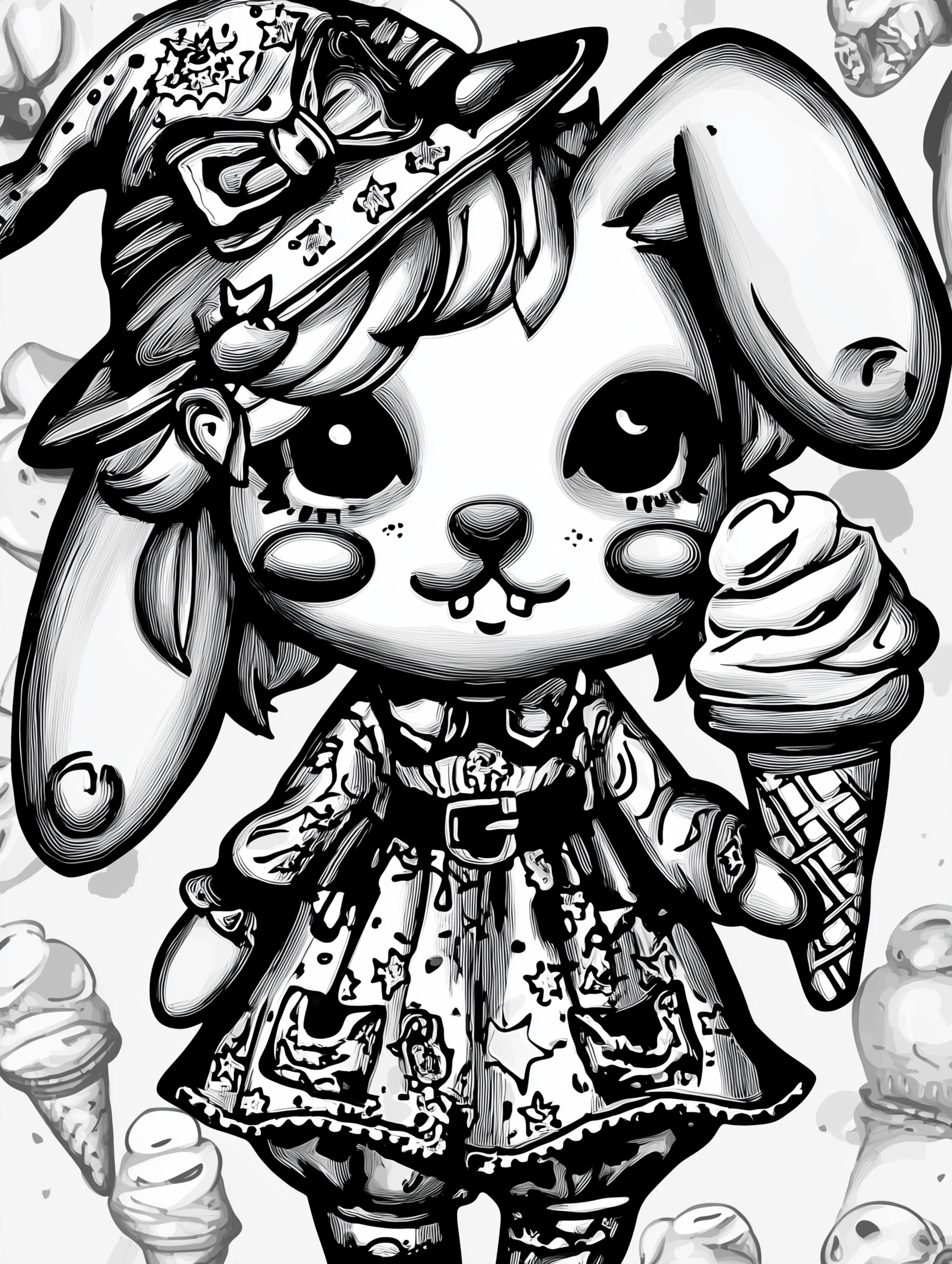 Free printable rabbit coloring page for adults featuring a buck tooth bunny with ice cream